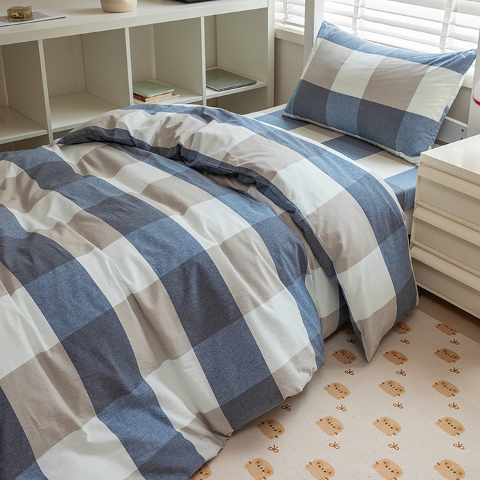 91家纺网 家纺一手货源 找家纺 柠萌家居 2025新品A类全棉色织水洗棉简约条纹格子无印良品风格学生季宿舍上下铺AA版三件套四件套 蓝白大格