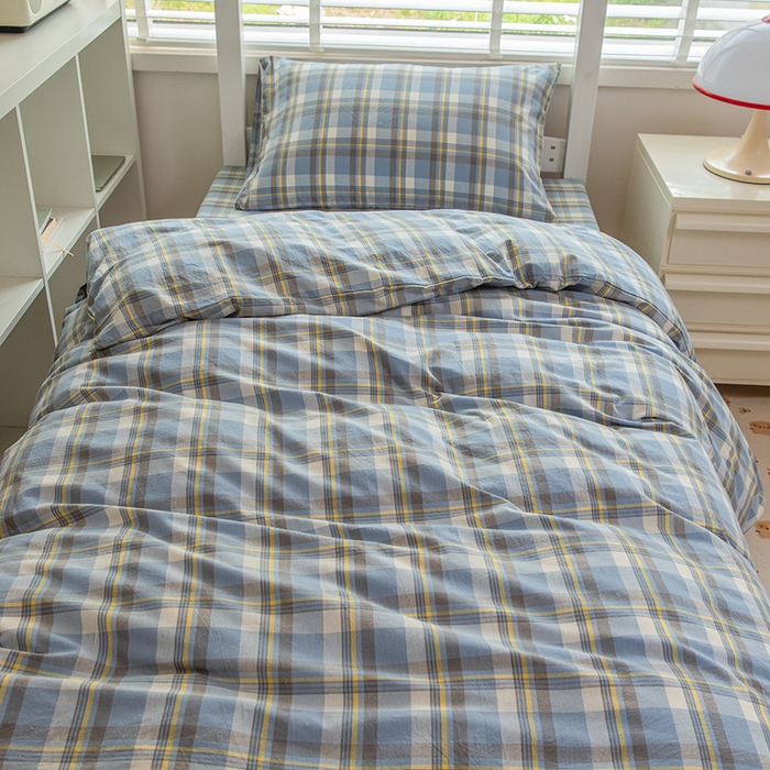 91家纺网 家纺一手货源 找家纺 （总）柠萌家居 2025新品A类全棉色织水洗棉简约条纹格子无印良品风格学生季宿舍上下铺AA版三件套四件套