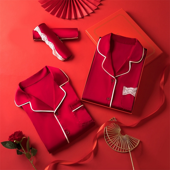 91家纺网 家纺一手货源 找家纺 洛兰沙家居馆【只代发】【只代发】 2024新款婚庆冰丝睡衣 106情侣长款