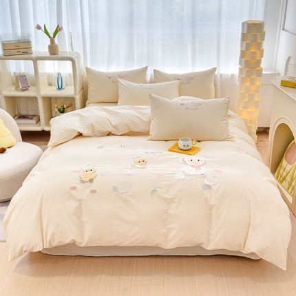亲亲公主 2025新款全棉卡通绣花四件套-迷你鸭 迷你鸭-米色