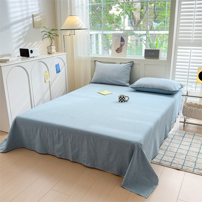 91家纺网 家纺一手货源 找家纺 晚依家纺 2024新款全棉色织水洗棉贝壳边绣三角针工艺四件套 时光-浅蓝