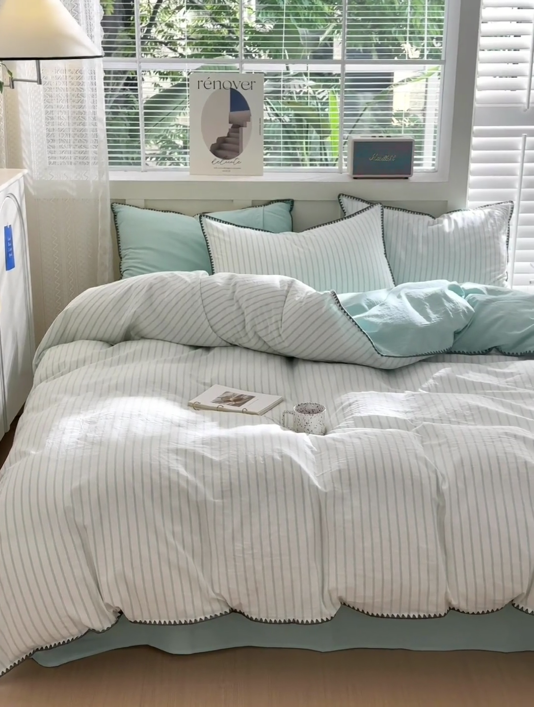 91家纺网 家纺一手货源 找家纺 晚依家纺 2024新款全棉色织水洗棉贝壳边绣三角针工艺四件套 诺言-蓝