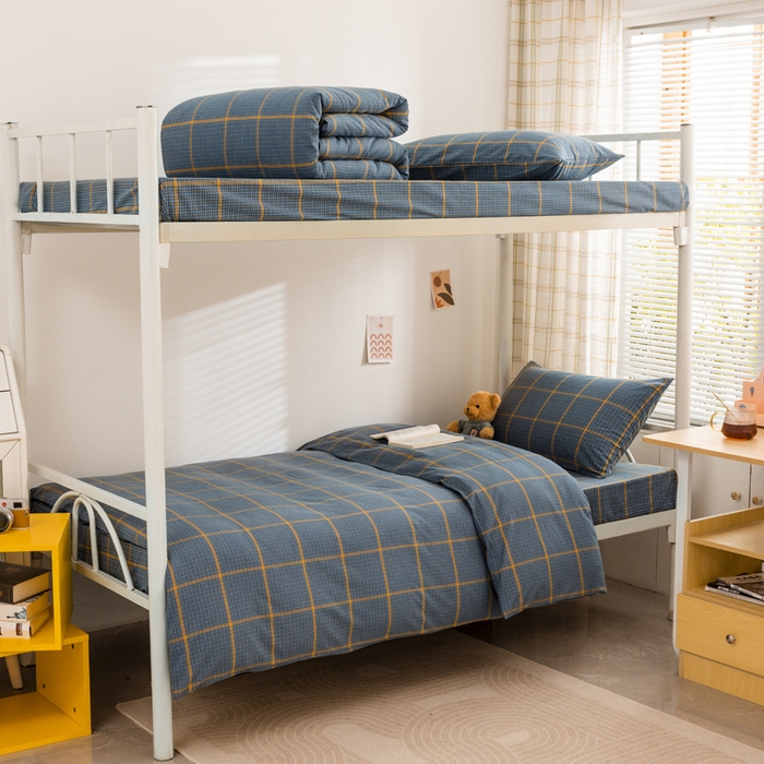 91家纺网 家纺一手货源 找家纺 柠萌家居 2025新品A类全棉色织水洗棉简约条纹格子无印良品风格学生季宿舍上下铺AA版三件套四件套 瓦尔灰