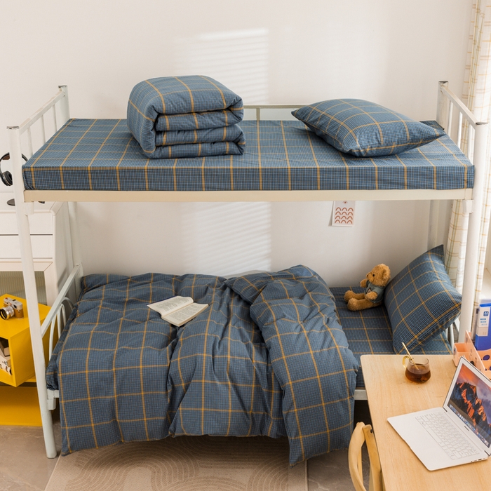 91家纺网 家纺一手货源 找家纺 柠萌家居 2025新品A类全棉色织水洗棉简约条纹格子无印良品风格学生季宿舍上下铺AA版三件套四件套 瓦尔灰