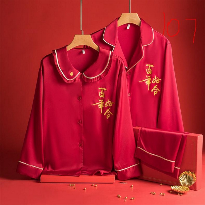 91家纺网 家纺一手货源 找家纺 （总）洛兰沙家居馆【只代发】【只代发】 2024新款婚庆冰丝睡衣 莫代尔情侣睡衣男女款春夏季新款简约青少年休闲家居服