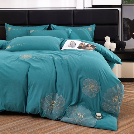 91家纺网 家纺一手货源 找家纺 佳宇轩 2024新款水洗棉四件套磨毛四件套绣花四件套纯色四件套 爱意绵绵-碧海蓝