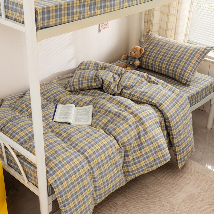 91家纺网 家纺一手货源 找家纺 柠萌家居 2025新品A类全棉色织水洗棉简约条纹格子无印良品风格学生季宿舍上下铺AA版三件套四件套 芳华灰