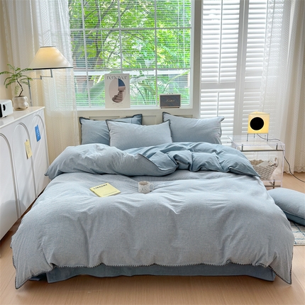 91家纺网 家纺一手货源 找家纺 （总）晚依家纺 2024新款全棉色织水洗棉贝壳边绣三角针工艺四件套可定制