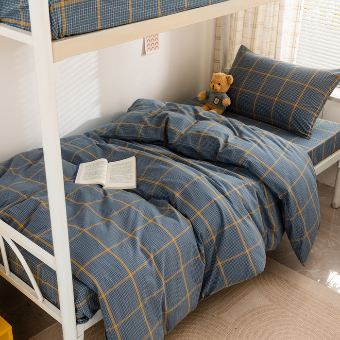 91家纺网 家纺一手货源 找家纺 柠萌家居 2025新品A类全棉色织水洗棉简约条纹格子无印良品风格学生季宿舍上下铺AA版三件套四件套 瓦尔灰