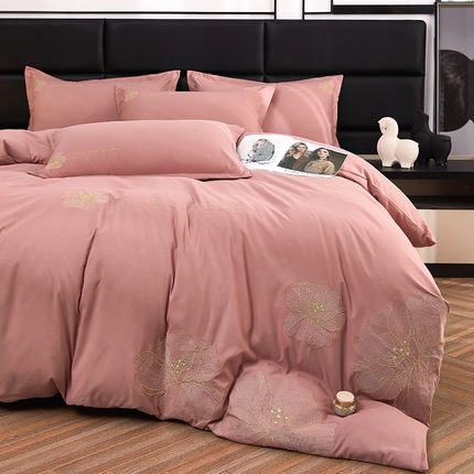 91家纺网 家纺一手货源 找家纺 佳宇轩 2024新款水洗棉四件套磨毛四件套绣花四件套纯色四件套 爱意绵绵-豆沙粉