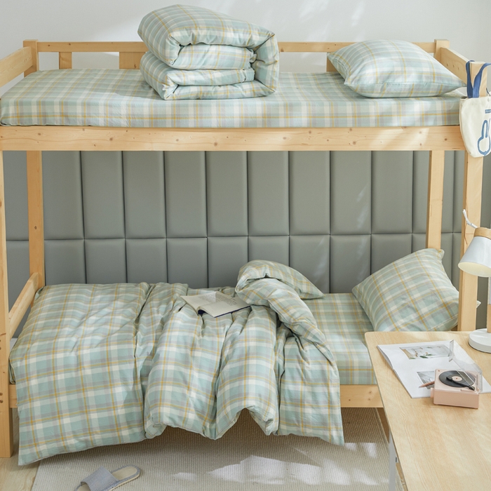 91家纺网 家纺一手货源 找家纺 柠萌家居 2025新品A类全棉色织水洗棉简约条纹格子无印良品风格学生季宿舍上下铺AA版三件套四件套 遇见绿格