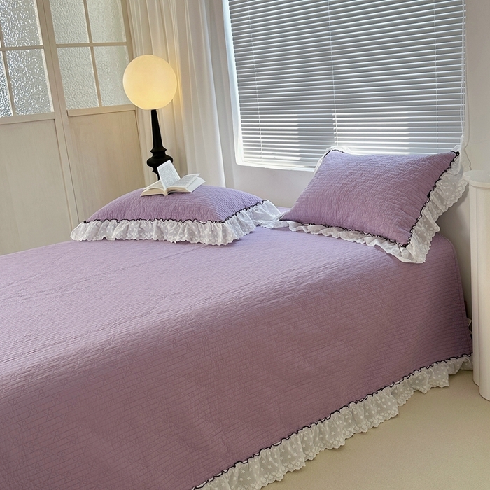 91家纺网 家纺一手货源 找家纺 佰织鑫家居（会员-5元） 2024新款简约纯色全棉蝶恋花砂洗棉花床盖三件套 蝶恋花·优雅紫