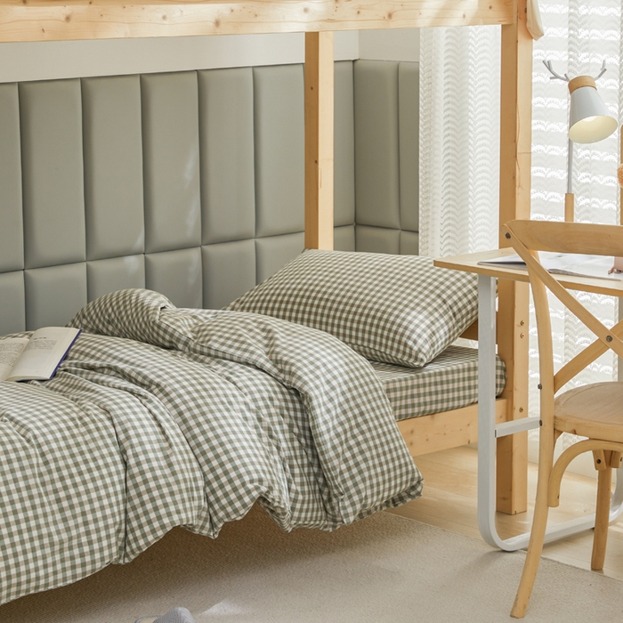 91家纺网 家纺一手货源 找家纺 柠萌家居 2025新品A类全棉色织水洗棉简约条纹格子无印良品风格学生季宿舍上下铺AA版三件套四件套 小绿格