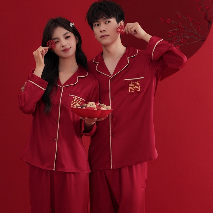 91家纺网 家纺一手货源 找家纺 （总）洛兰沙家居馆【只代发】【只代发】 2024新款婚庆冰丝睡衣 莫代尔情侣睡衣男女款春夏季新款简约青少年休闲家居服