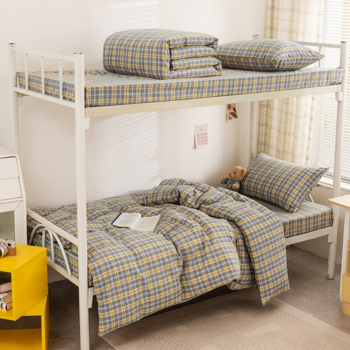 91家纺网 家纺一手货源 找家纺 柠萌家居 2025新品A类全棉色织水洗棉简约条纹格子无印良品风格学生季宿舍上下铺AA版三件套四件套 芳华灰