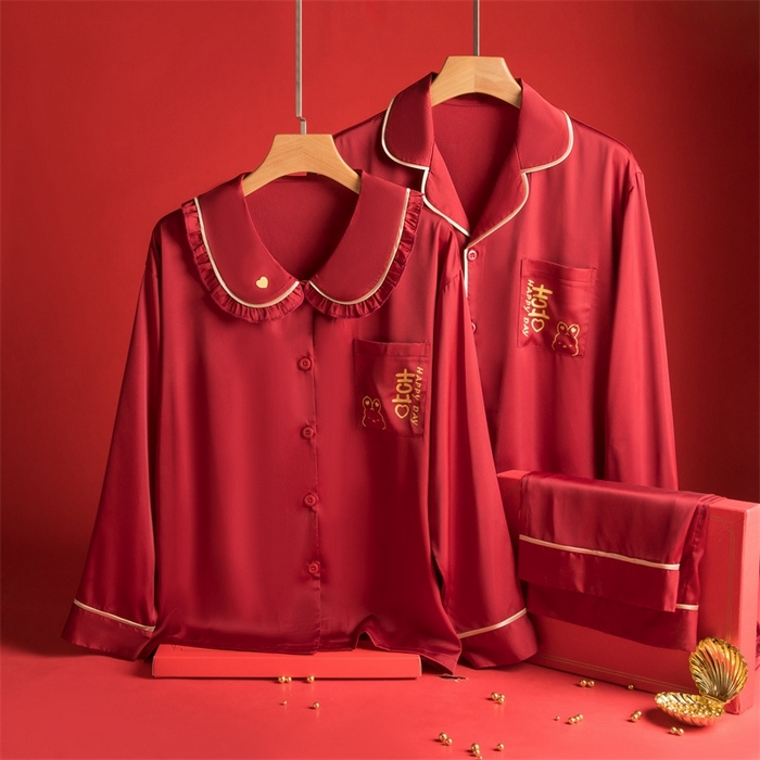 91家纺网 家纺一手货源 找家纺 （总）洛兰沙家居馆【只代发】【只代发】 2024新款婚庆冰丝睡衣 莫代尔情侣睡衣男女款春夏季新款简约青少年休闲家居服