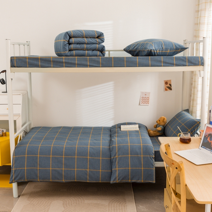 91家纺网 家纺一手货源 找家纺 柠萌家居 2025新品A类全棉色织水洗棉简约条纹格子无印良品风格学生季宿舍上下铺AA版三件套四件套 瓦尔灰