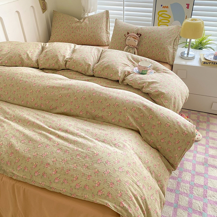 91家纺网 家纺一手货源 找家纺 爵仕家纺 2025小清新风格双层纱纯棉四件套 暖洋