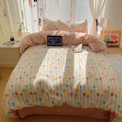 91家纺网 家纺一手货源 找家纺 顾里家纺 2024新款ins韩系全棉双层皱皱纱四件套 童趣波点