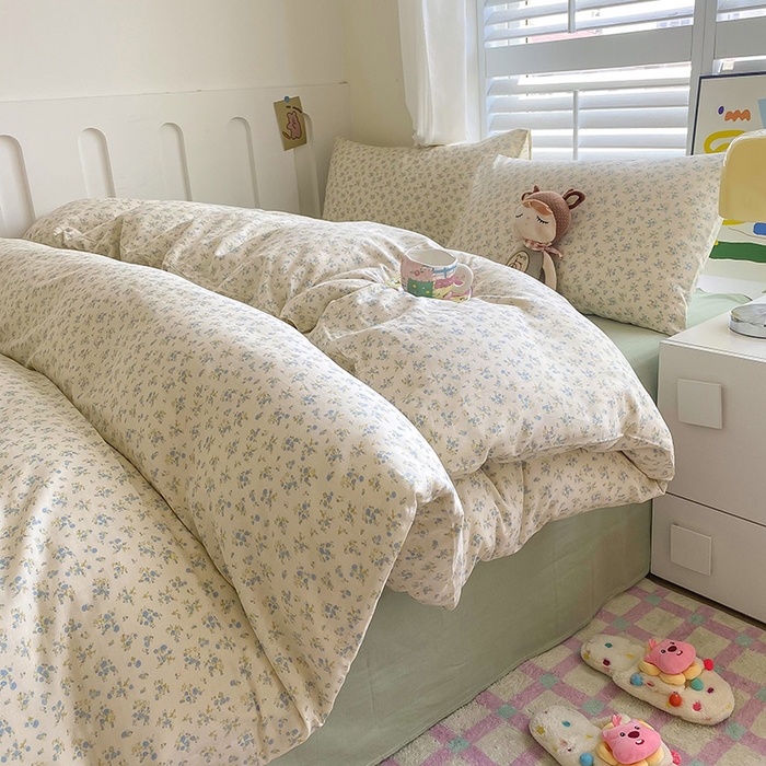 91家纺网 家纺一手货源 找家纺 爵仕家纺 2025小清新风格双层纱纯棉四件套 蓝小朵