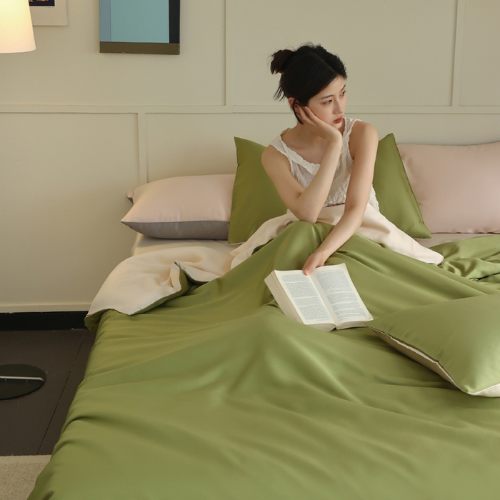 91家纺网 家纺一手货源 找家纺 轩和 2025新款A类LF兰精天丝套件 豆蔻绿+奶酪黄