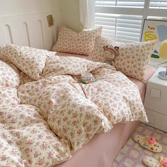 91家纺网 家纺一手货源 找家纺 爵仕家纺 2025小清新风格双层纱纯棉四件套 清新花园