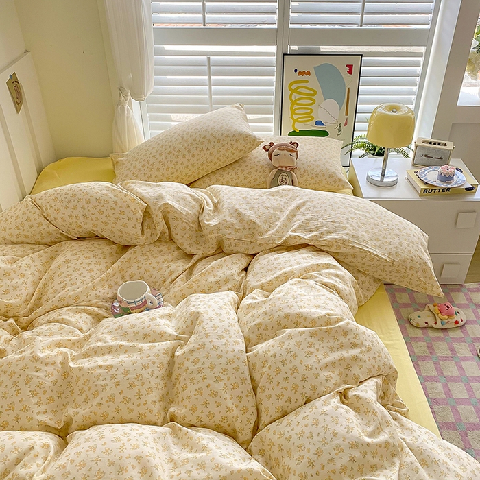 91家纺网 家纺一手货源 找家纺 爵仕家纺 2025小清新风格双层纱纯棉四件套 阳光小菊