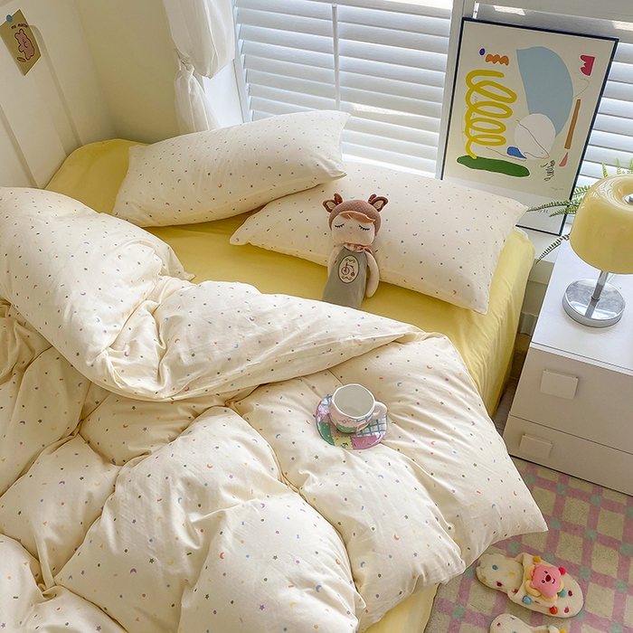 91家纺网 家纺一手货源 找家纺 爵仕家纺 2025小清新风格双层纱纯棉四件套 点缀星空