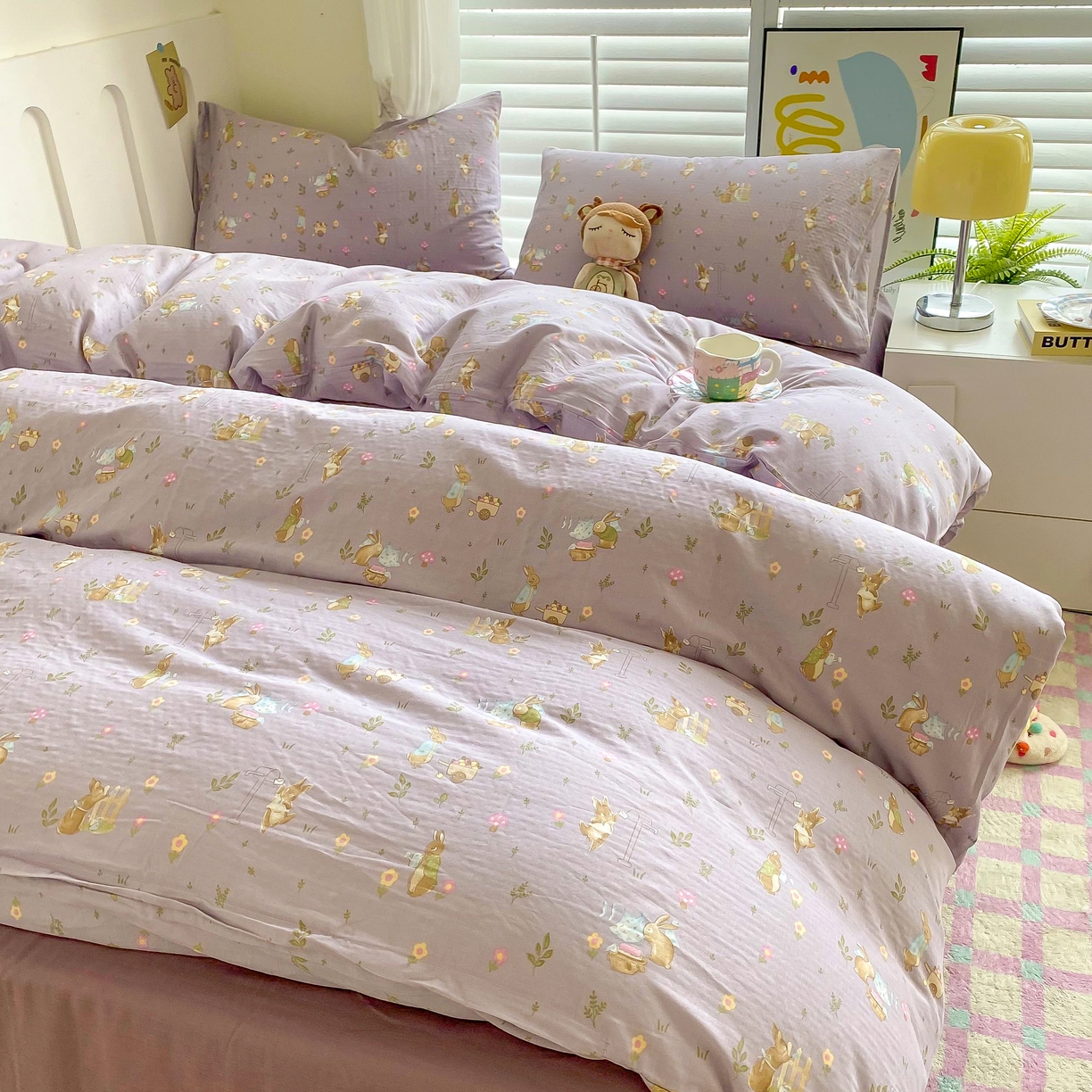 91家纺网 家纺一手货源 找家纺 爵仕家纺 2025小清新风格双层纱纯棉四件套 小兔