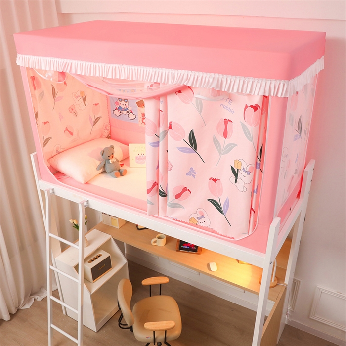 91家纺网 家纺一手货源 找家纺 迪凡保罗蚊帐 2025新款2412小清新印花遮光学生蚊帐带口袋帘 郁金香小兔