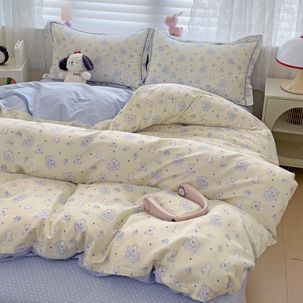 乐童 2024新款直播爆款13070纯棉印花吊边款一字绣四件套-第七波 奶白熊