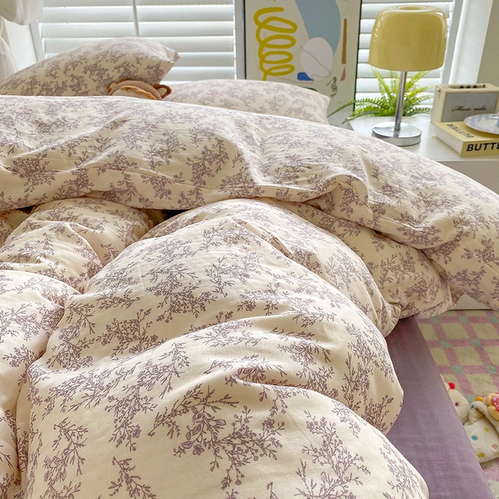 91家纺网 家纺一手货源 找家纺 爵仕家纺 2025小清新风格双层纱纯棉四件套 夏紫