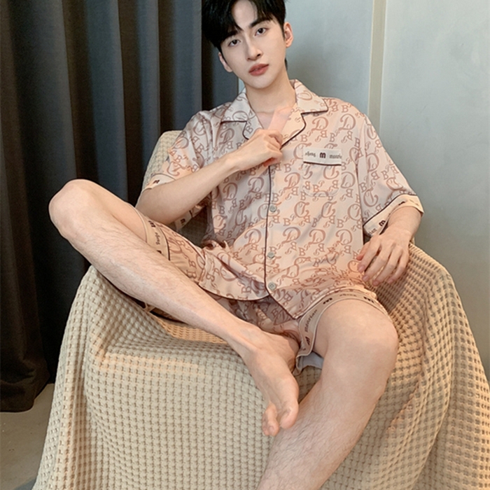 91家纺网 家纺一手货源 找家纺 （总）洛兰沙 2024新款夏季高级感轻奢香槟色男士睡衣V字领长裤长袖轻薄家居服可外穿