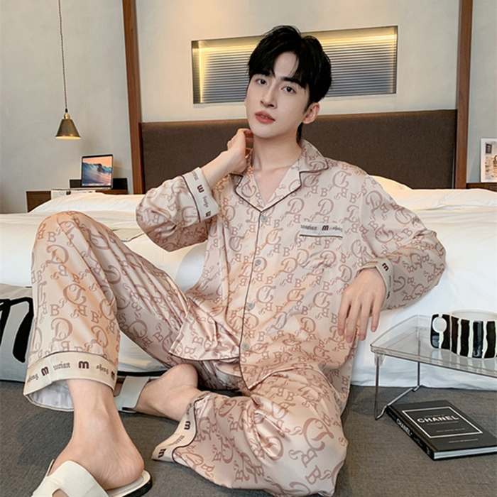 91家纺网 家纺一手货源 找家纺 洛兰沙 2024新款夏季高级感轻奢香槟色男士睡衣V字领长裤长袖轻薄家居服可外穿 香槟长款