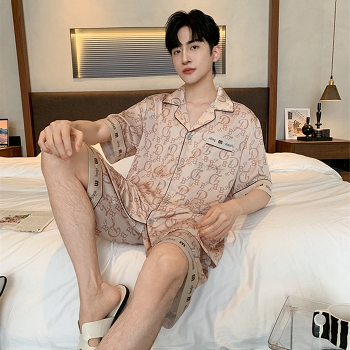 91家纺网 家纺一手货源 找家纺 洛兰沙 2024新款夏季高级感轻奢香槟色男士睡衣V字领长裤长袖轻薄家居服可外穿 香槟短款