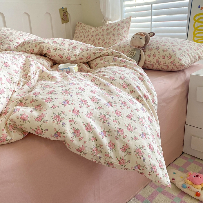 91家纺网 家纺一手货源 找家纺 爵仕家纺 2025小清新风格双层纱纯棉四件套 清新花园