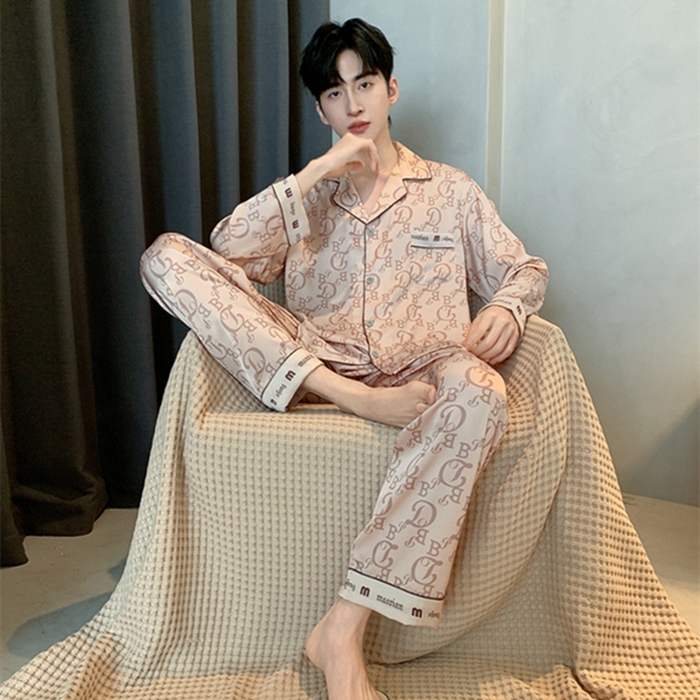 91家纺网 家纺一手货源 找家纺 洛兰沙 2024新款夏季高级感轻奢香槟色男士睡衣V字领长裤长袖轻薄家居服可外穿 香槟长款