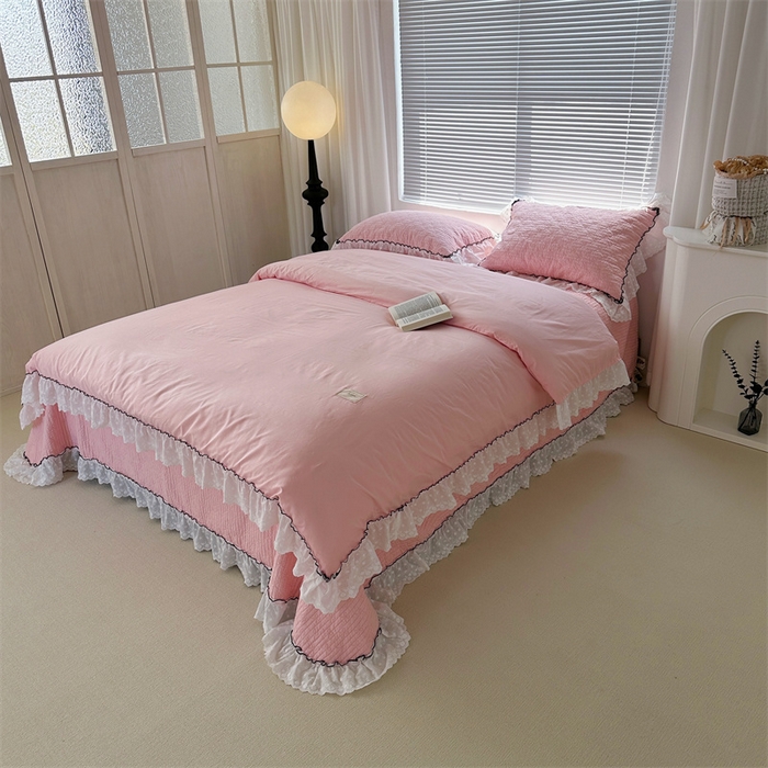 91家纺网 家纺一手货源 找家纺 佰织鑫（会员-5元） 2024新品简约纯色全棉蝶恋花砂洗棉花床盖四件套 蝶恋花·公主粉