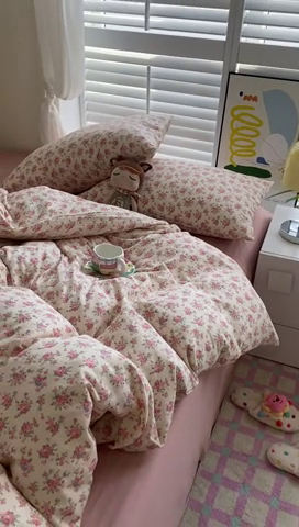 91家纺网 家纺一手货源 找家纺 爵仕家纺 2025小清新风格双层纱纯棉四件套 清新花园