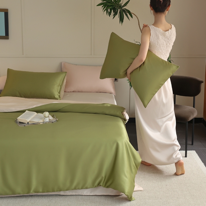 91家纺网 家纺一手货源 找家纺 轩和 2025新款A类LF兰精天丝套件 豆蔻绿+奶酪黄