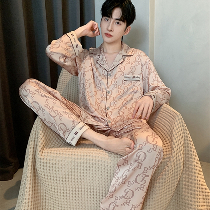 91家纺网 家纺一手货源 找家纺 洛兰沙 2024新款夏季高级感轻奢香槟色男士睡衣V字领长裤长袖轻薄家居服可外穿 香槟长款