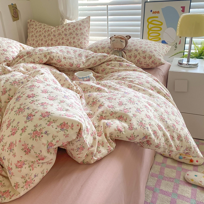 91家纺网 家纺一手货源 找家纺 爵仕家纺 2025小清新风格双层纱纯棉四件套 清新花园