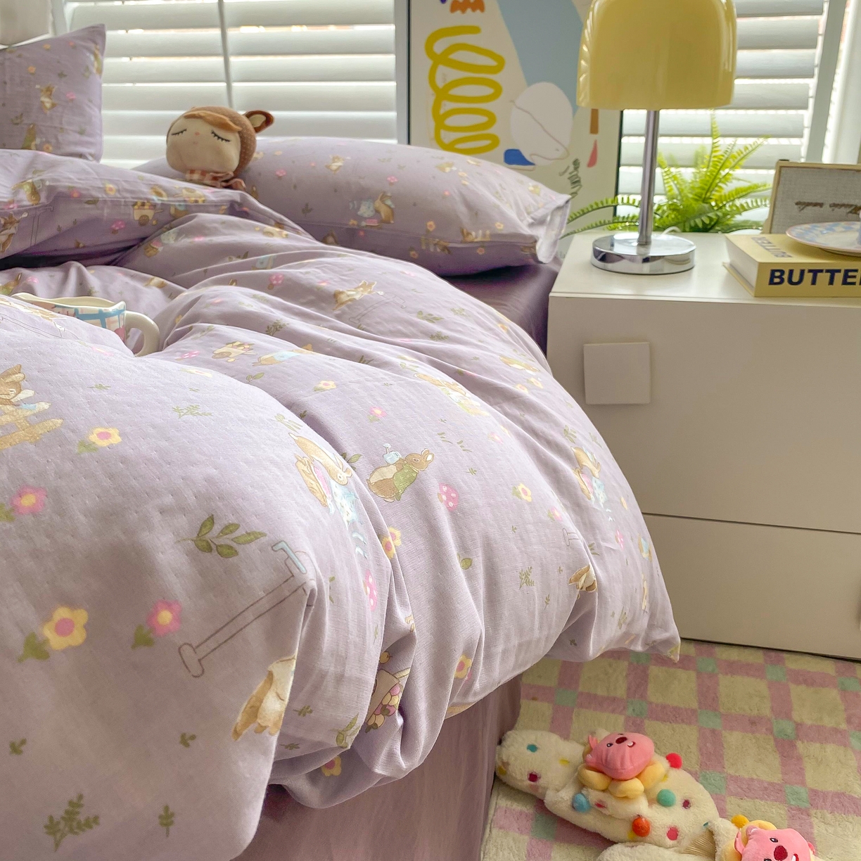 91家纺网 家纺一手货源 找家纺 爵仕家纺 2025小清新风格双层纱纯棉四件套 小兔