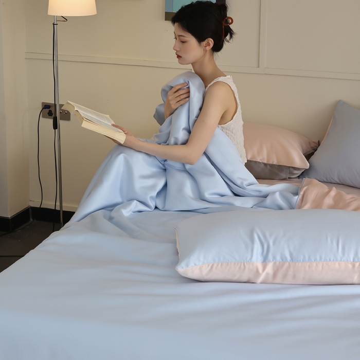 91家纺网 家纺一手货源 找家纺 轩和 2025新款A类LF兰精天丝套件 夏日蓝+告白粉