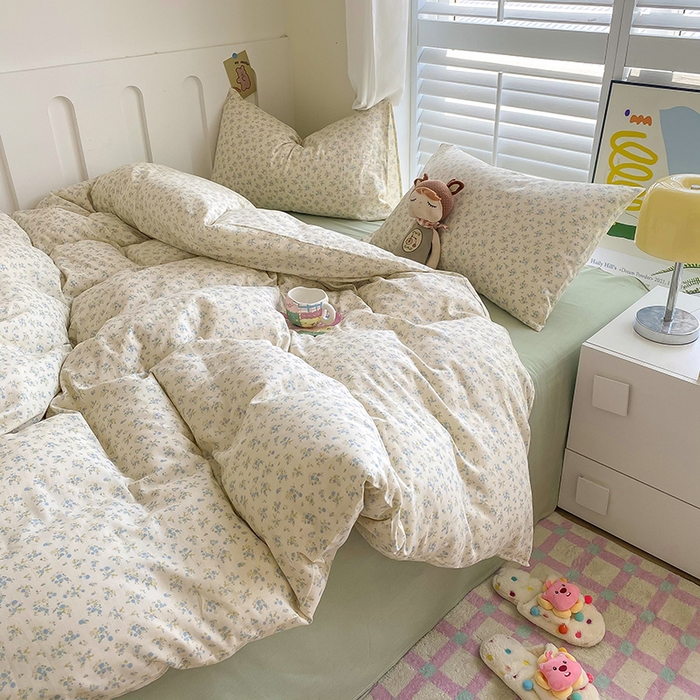 91家纺网 家纺一手货源 找家纺 爵仕家纺 2025小清新风格双层纱纯棉四件套 蓝小朵