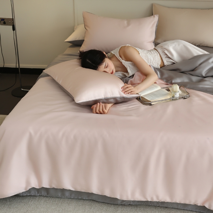 91家纺网 家纺一手货源 找家纺 轩和 2025新款A类LF兰精天丝套件 告白粉+伯爵灰