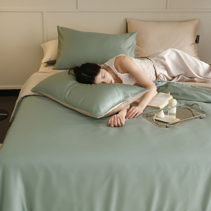 91家纺网 家纺一手货源 找家纺 轩和 2025新款A类LF兰精天丝套件 春熙绿+铂光金