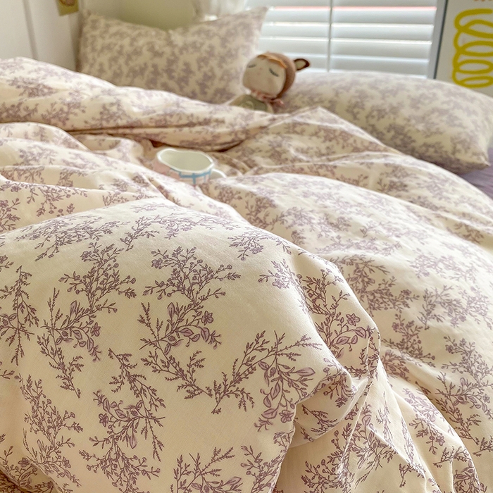 91家纺网 家纺一手货源 找家纺 爵仕家纺 2025小清新风格双层纱纯棉四件套 夏紫