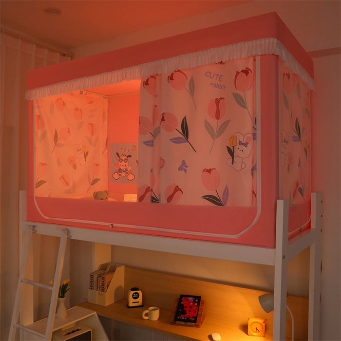 91家纺网 家纺一手货源 找家纺 迪凡保罗蚊帐 2025新款2412小清新印花遮光学生蚊帐带口袋帘 郁金香小兔