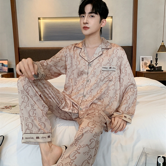 91家纺网 家纺一手货源 找家纺 洛兰沙 2024新款夏季高级感轻奢香槟色男士睡衣V字领长裤长袖轻薄家居服可外穿 香槟长款